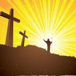 An image in the backdrop of a bright orange and yellow sky with three crosses and a silhouette of a figure in the middle of a white light.