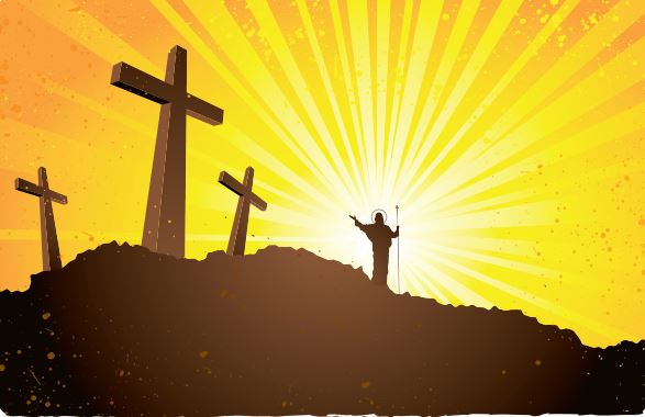 An image in the backdrop of a bright orange and yellow sky with three crosses and a silhouette of a figure in the middle of a white light.