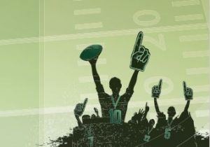 A group silhouette graphic of football players cheering in the background of a football field.