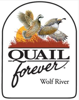 An illustrated image with two quails taking off in air with a sun in the background and red grass featured, with the text "Quail Forever Wolf River" text underneath.