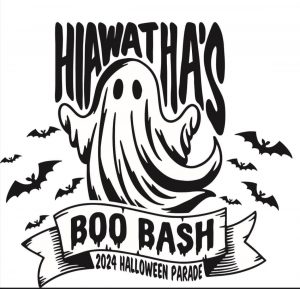 A cartoon illustration of a ghost sheet with the words "Hiawatha's Boo Bash 2024 Halloween Parade."