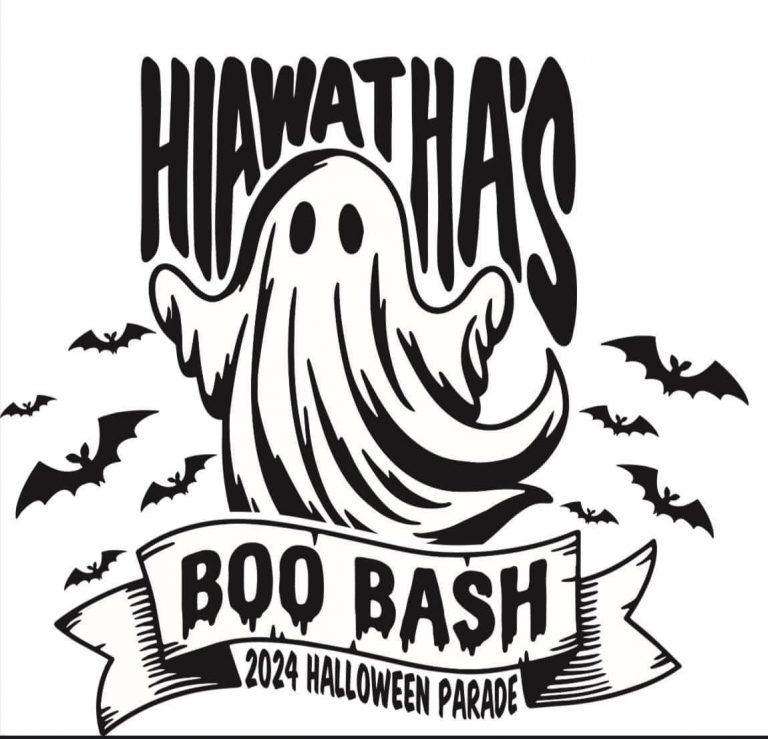 A cartoon illustration of a ghost sheet with the words "Hiawatha's Boo Bash 2024 Halloween Parade."