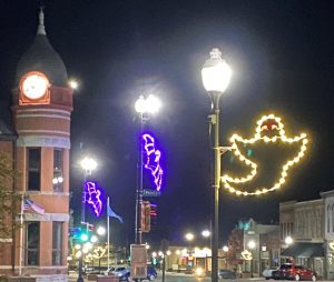 Photos by Kris Miller A view of some of the Halloween lights set up on lamp posts close to City Hall in downtown Hiawatha.